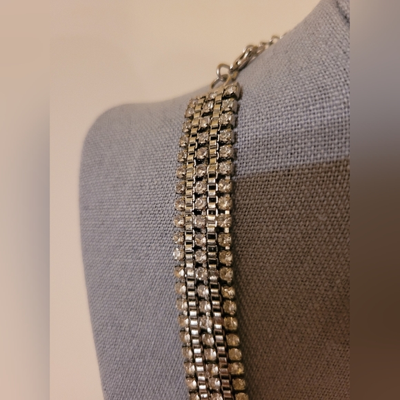 Vintage Three Clear Rhinestone Line Silver Necklace - Picture 5 of 7